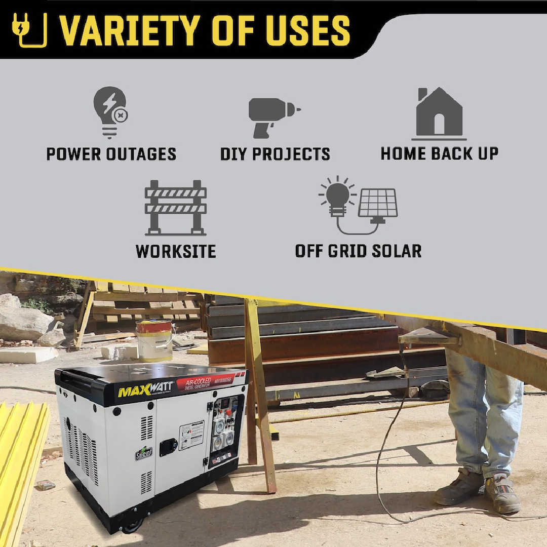 Maxwatt 8500W Diesel Generator variety of uses on an infographic
