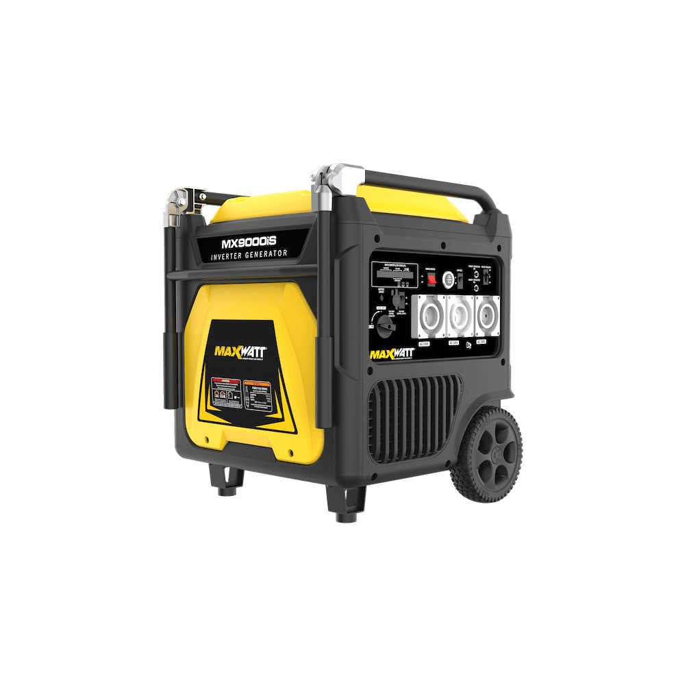 Maxwatt 9000W Portable Inverter Generator Slightly Angled to the Left on a white background