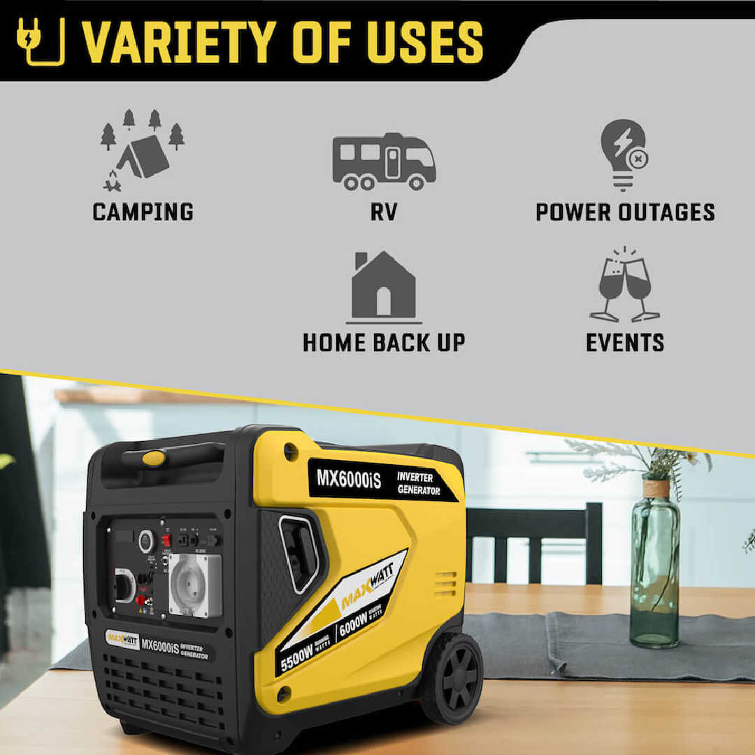 Maxwatt MX6000IS variety of uses on an infographic