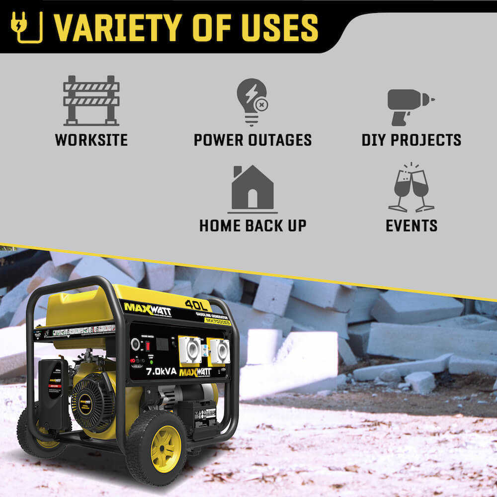 Maxwatt MX7000ES Electric Start Generator Variety of uses infographic