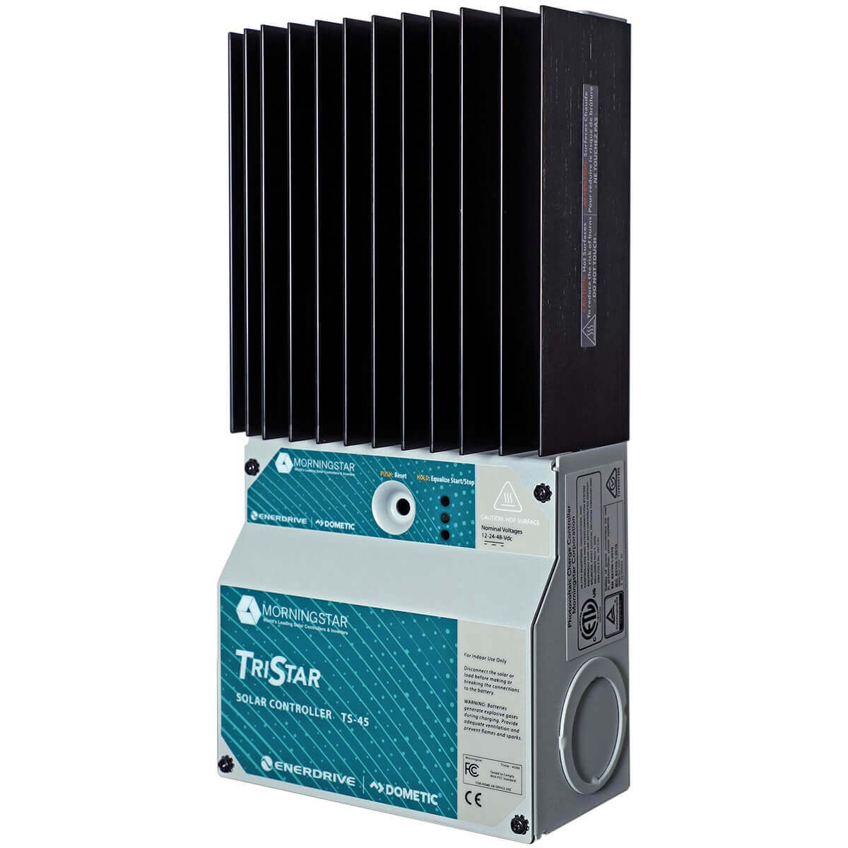 Morningstar 45A Solar Controller Slightly Angled to the Left on a white background