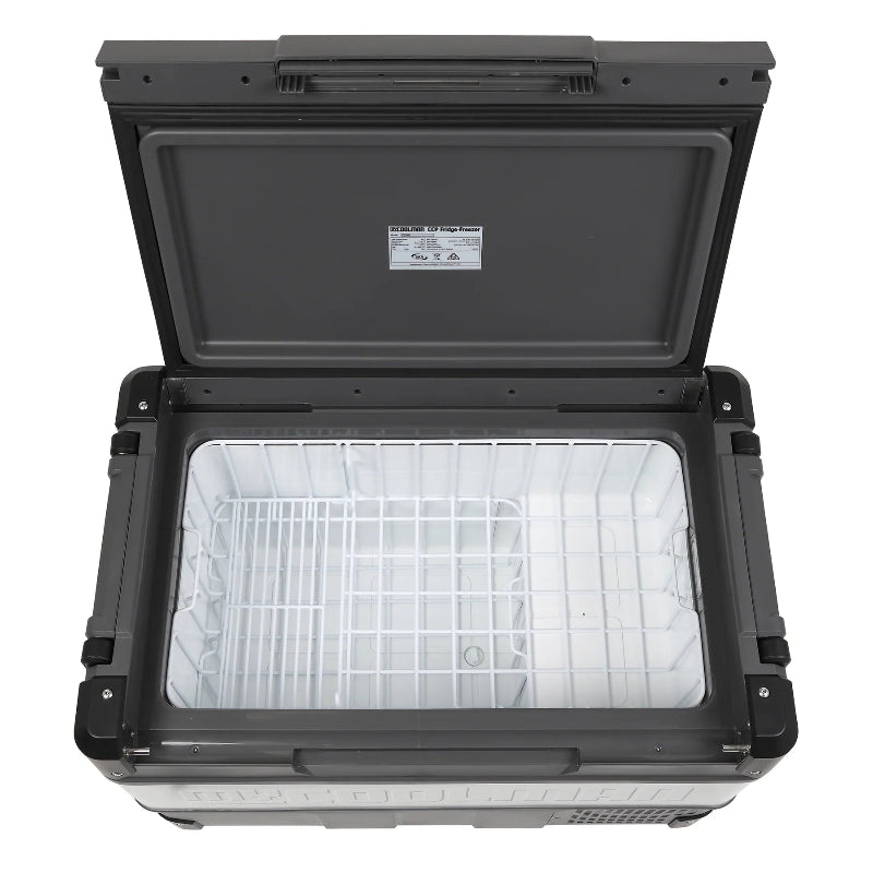 A photo of a MyCOOLMAN 60L Portable Car and Camping Fridge with empty trays.