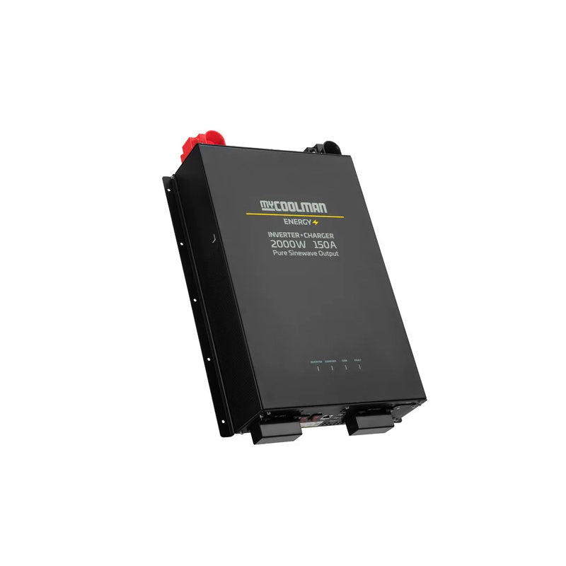 in the photo a MyCOOLMAN 2000W Pure Sine Wave Power Inverter Slightly angled in white background