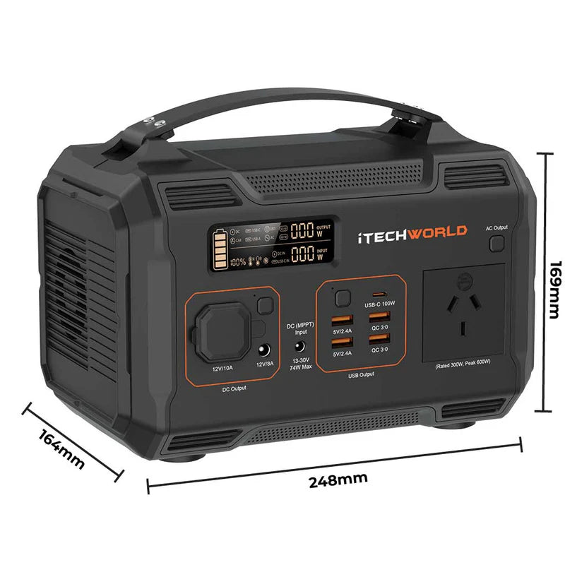 PS300 Portable Power Station Dimensions on a white background