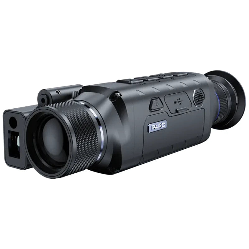 A pard leopard 640 500mm thermal monocular on a slight angle on a white background.