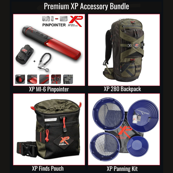 A 4-panel product bundle graphic for the 'Premium XP Accessory Bundle' on a black background. The panels show: 1) The XP MI-6 Pinpointer with its battery and clip; 2) The XP 280 Backpack; 3) The XP Finds Pouch; and 4) The XP Panning Kit with blue pans.