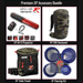 A 4-panel product bundle graphic for the 'Premium XP Accessory Bundle' on a black background. The panels show: 1) The XP MI-6 Pinpointer with its battery and clip; 2) The XP 280 Backpack; 3) The XP Finds Pouch; and 4) The XP Panning Kit with blue pans.