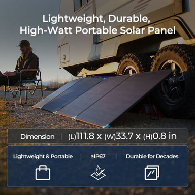 A photo of a RenogyPRO 12V 400W Lightweight Portable Solar Suitcase in front of camper whilst showing the dimensions of the solar suitcase.