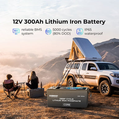 A photo of a Renogy 12V 300A CORE deep cycle lithium battery specifications with rooftop tent