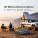 A photo of a Renogy 12V 300A CORE deep cycle lithium battery specifications with rooftop tent