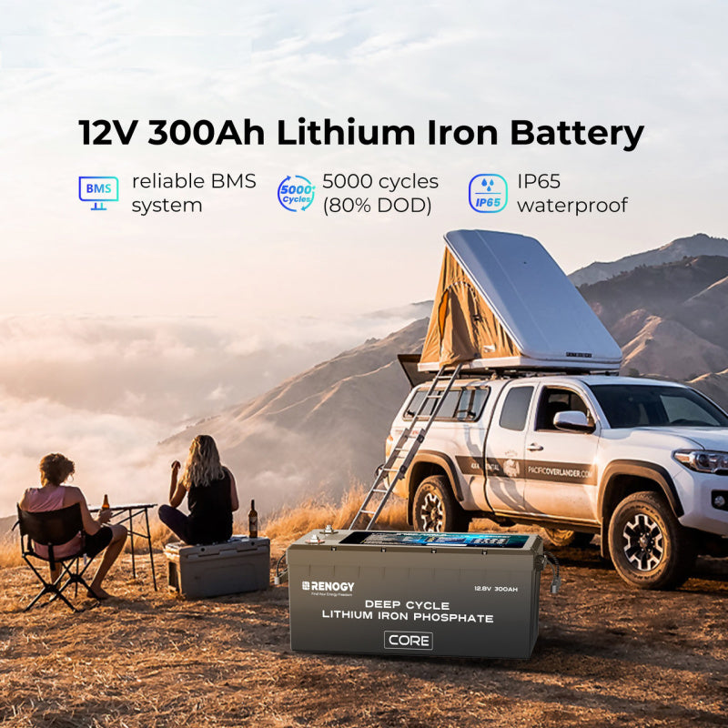 A photo of a Renogy 12V 300A CORE deep cycle lithium battery specifications with rooftop tent