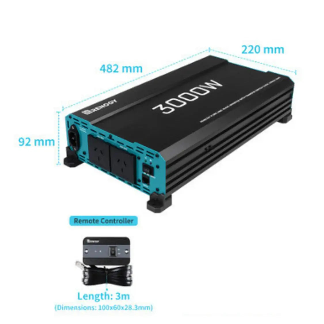 Renogy 3000W Inverter dimensions on a white background