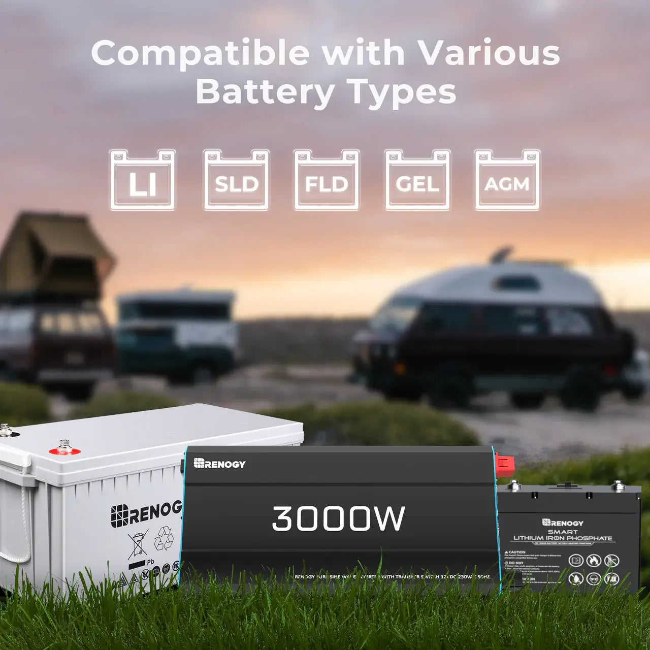 Renogy 3000W Pure Sine Wave Inverter compatible with various battery types infograph