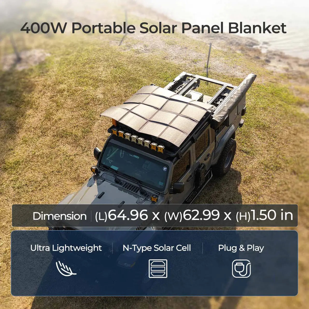Renogy 400W Portable Solar Blanket dimension infographic