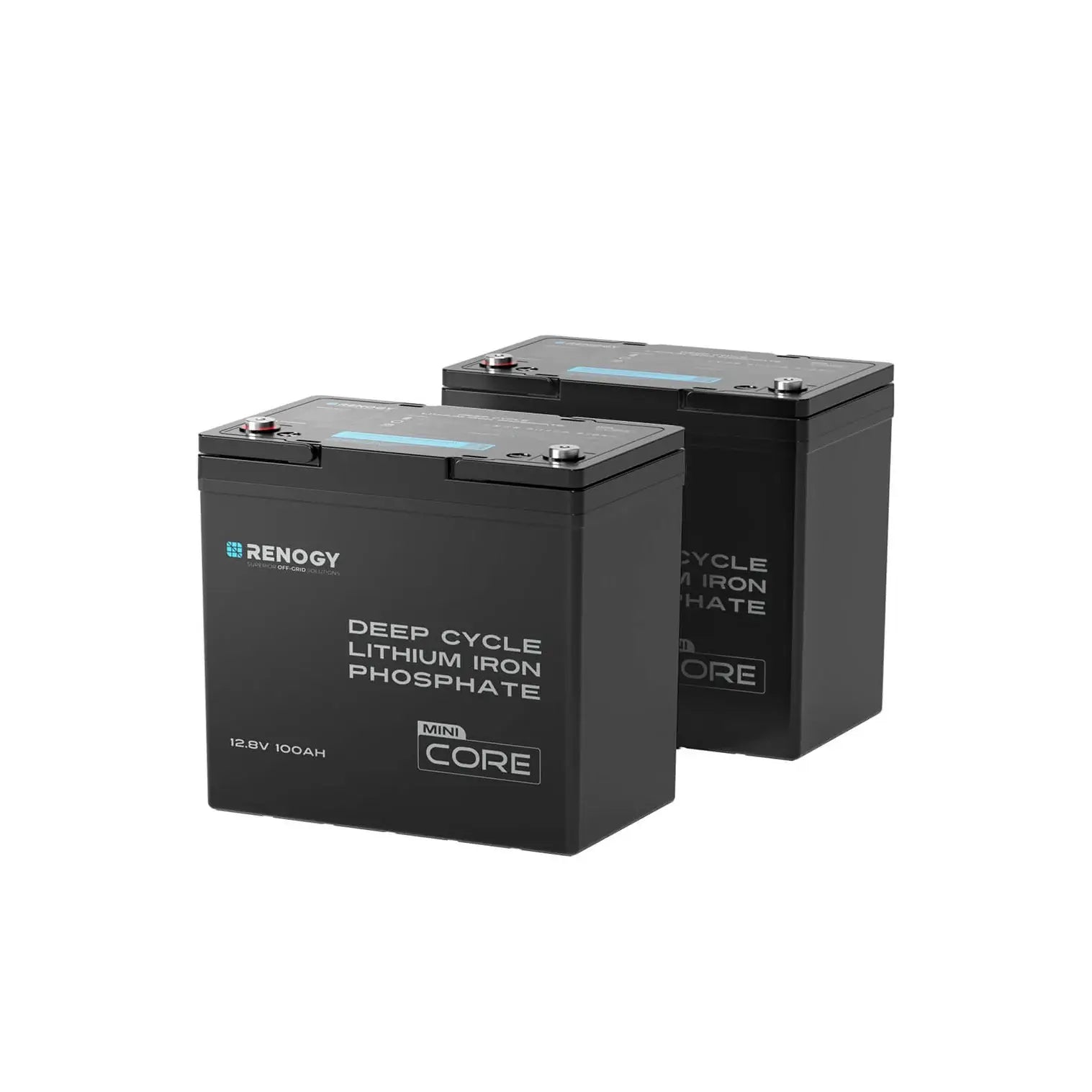 Renogy Core Mini 12V 100Ah Lithium Battery two batteries on a white background