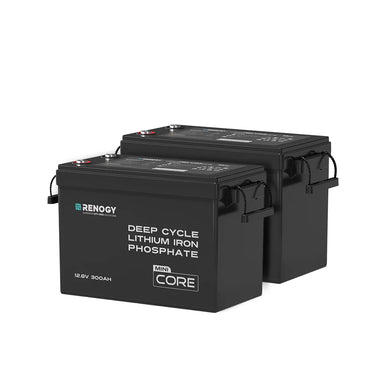 Renogy Core Mini 12V 300Ah Lithium Battery back to back two batteries on a white background