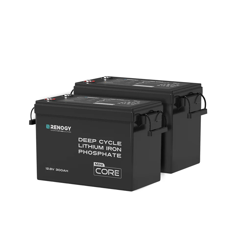 Renogy Core Mini 12V 300Ah Lithium Battery back to back two batteries on a white background