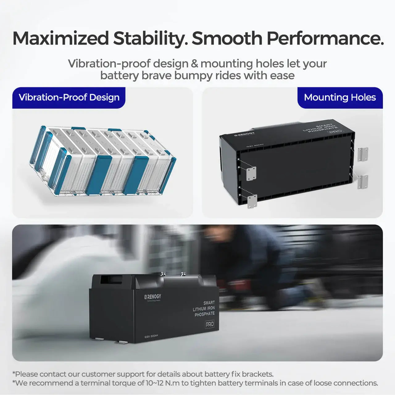 A photo showing the feature of Renogy Pro 12v 200ah battery Maximized Stabiliy and smart performance.