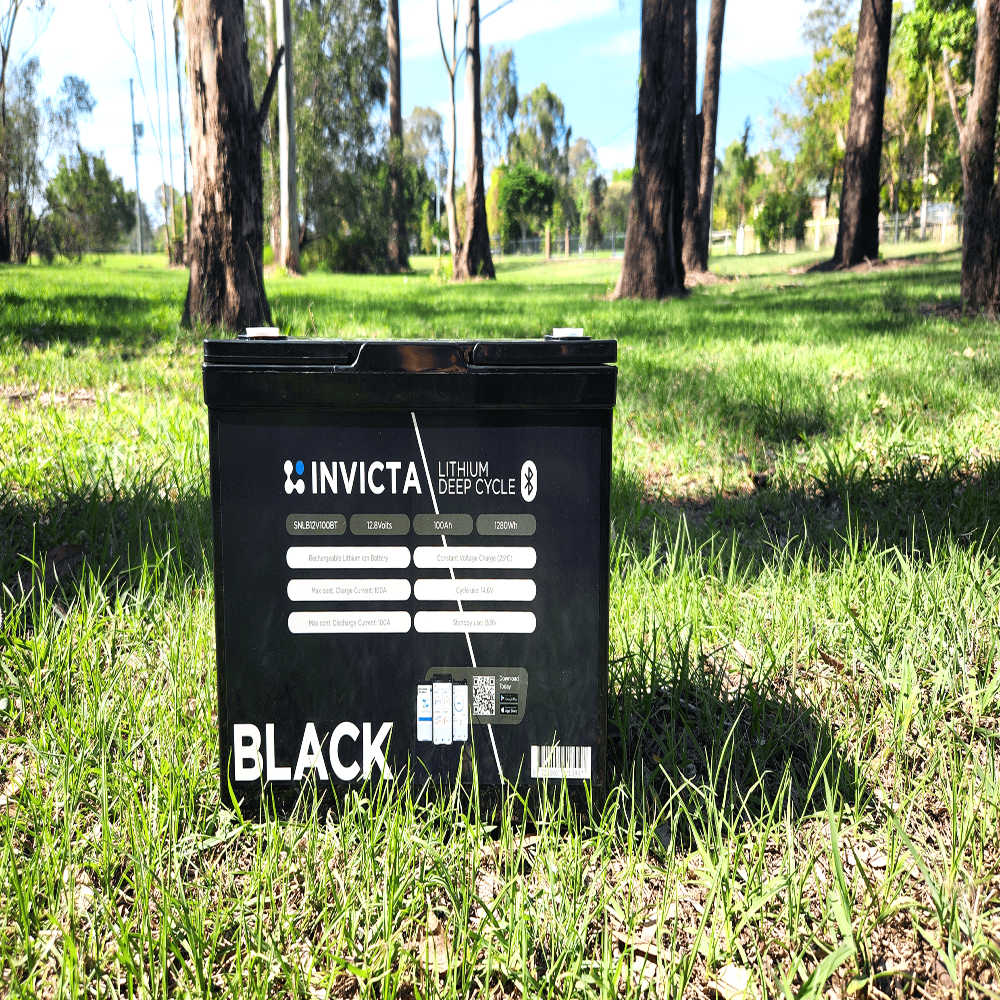 SNLB12V100BT Invicta Black 12V Battery on a green grass