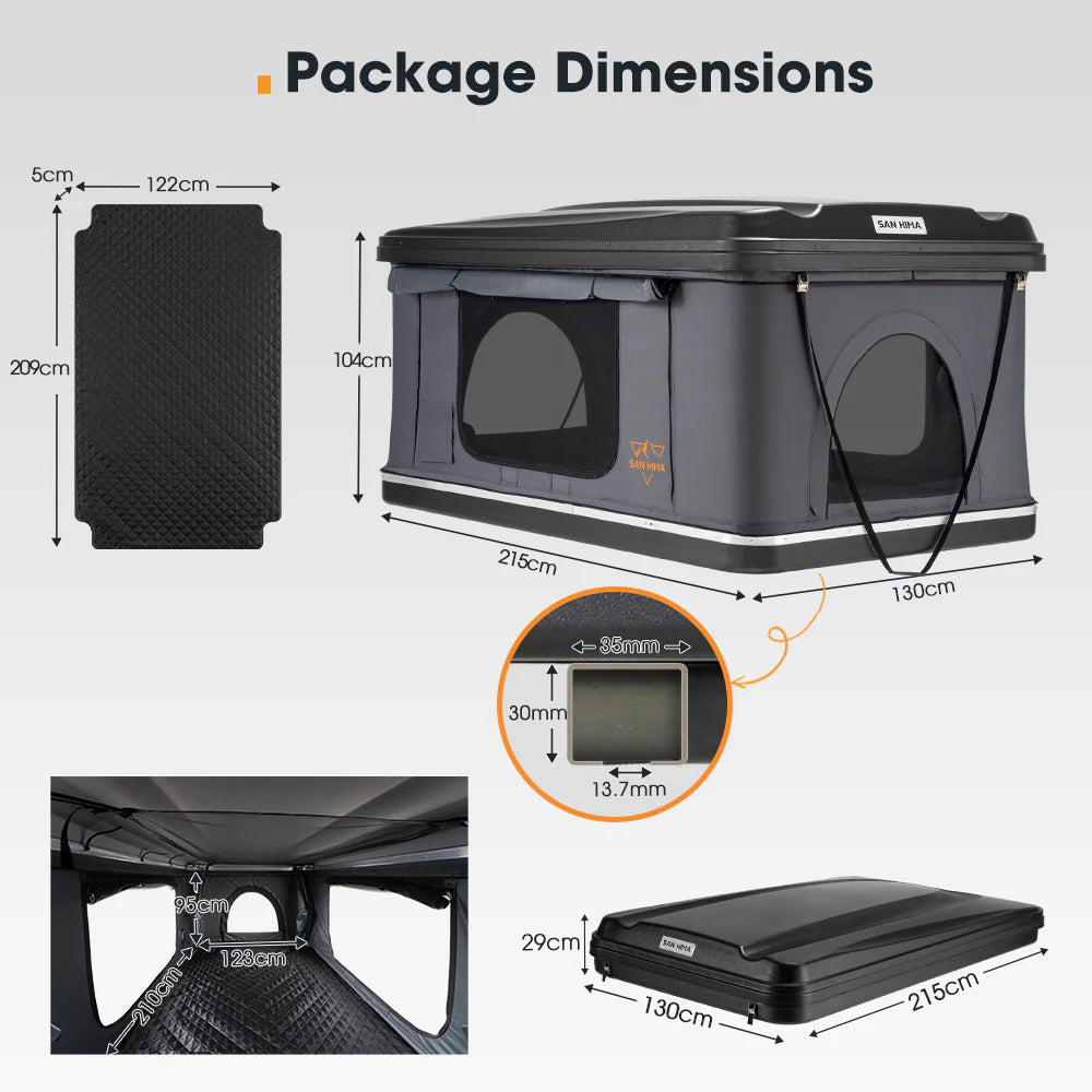 A photo of a san hima jervis loft pop up hard shell roof top tents package dimensions.