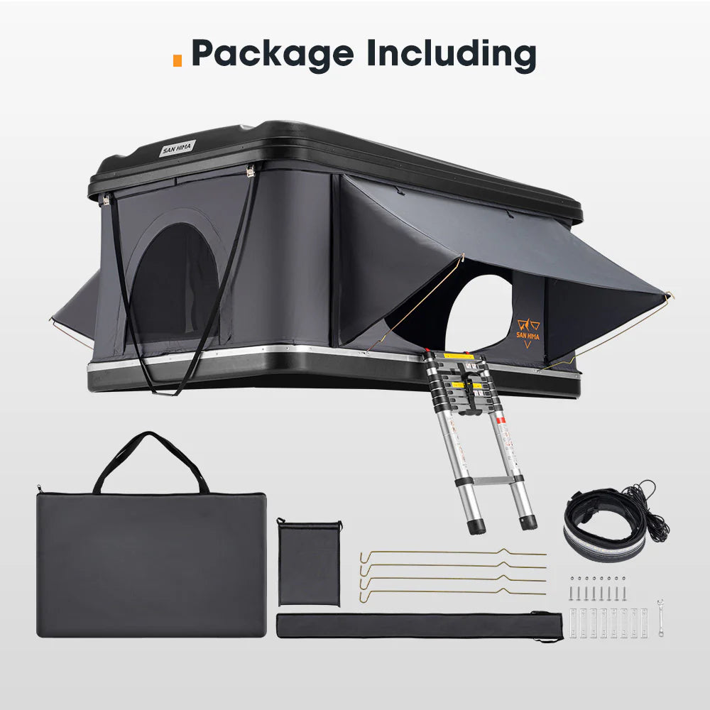 A photo of a san hima jervis loft pop up hard shell roof top tents package inclusions.