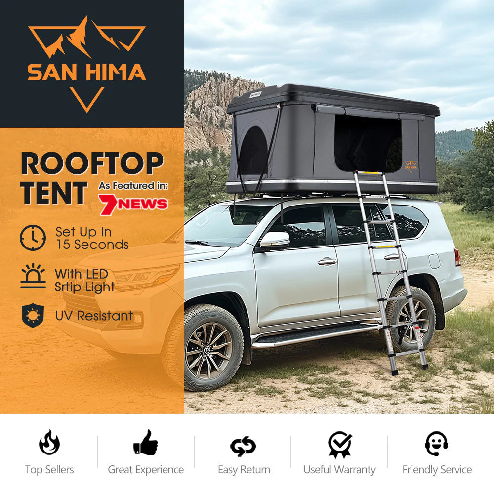 A photo of a san hima jervis loft pop up hard shell roof top tent sitting on top of a 4x4 vehicle with some key features listed.