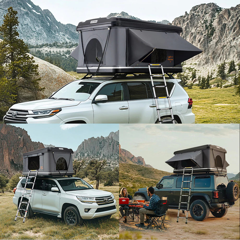 A photo of a san hima jervis loft pop up hard shell roof top tent on top of 3 different 4x4 vehicles out in the bush.
