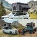 A photo of a san hima jervis loft pop up hard shell roof top tent on top of 3 different 4x4 vehicles out in the bush.