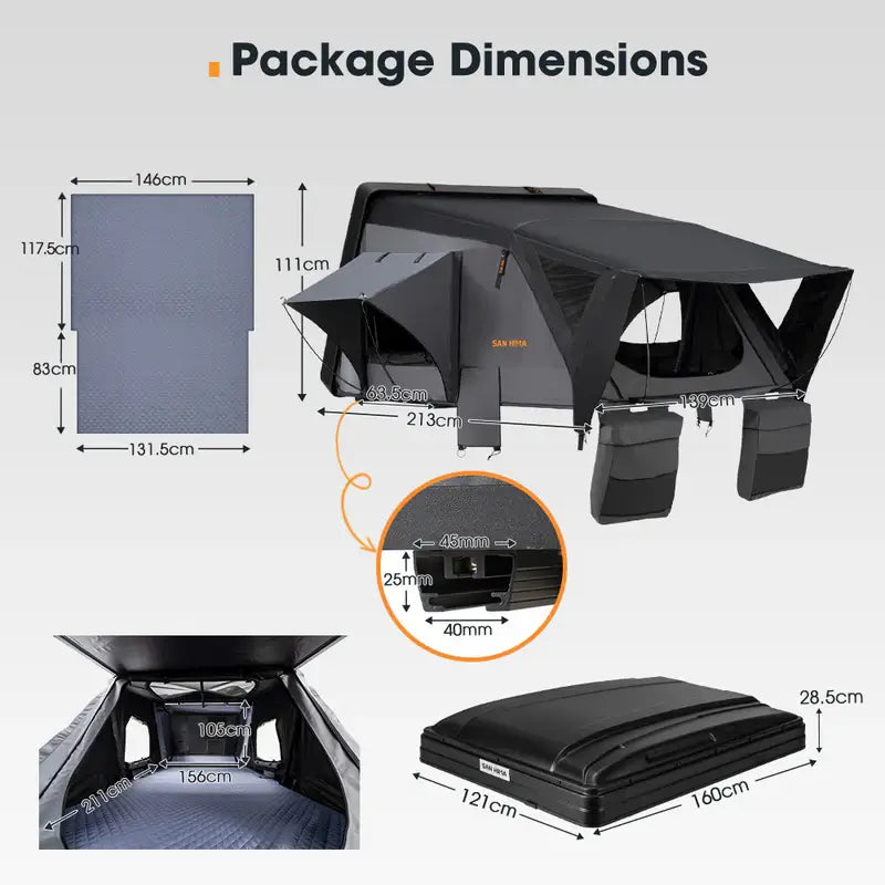 San Hima Jervis Roof Top Tent Package Dimensions on a white background