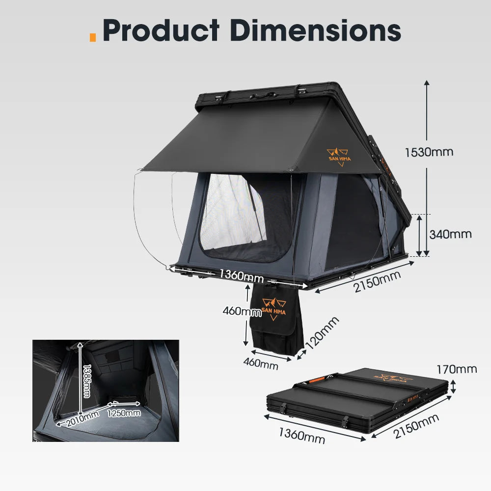 in the photo a San Hima Kalbarri X Roof Top Tent Product Dimensions in white background