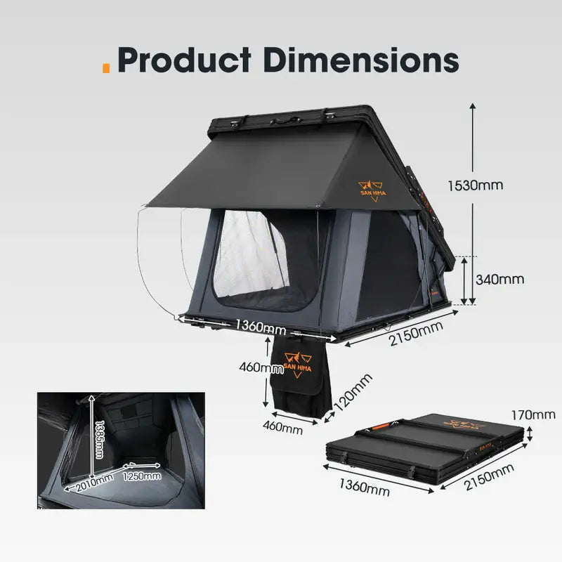 San Hima Kalbarri X Roof Top Tent Product Dimensions on a white background