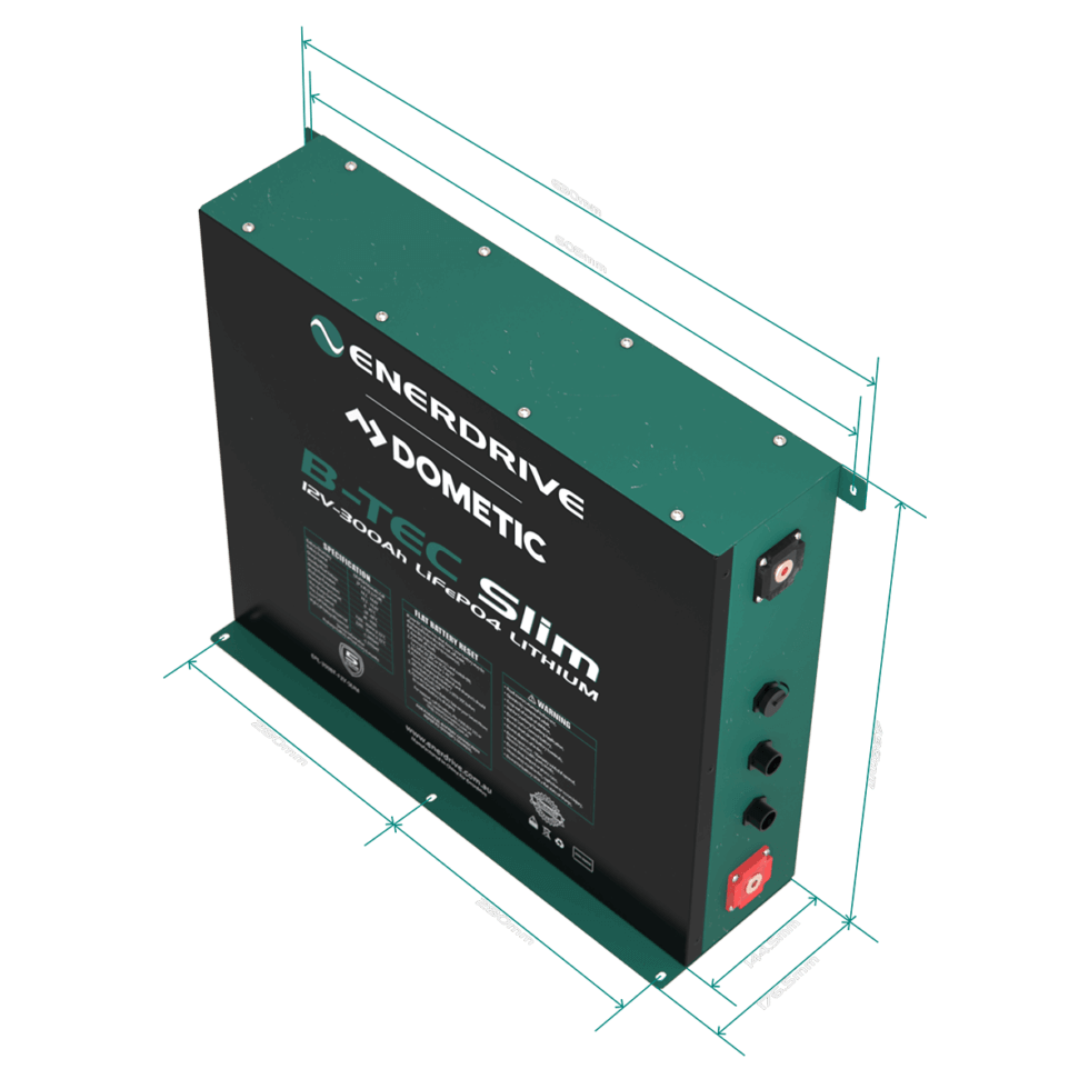 Slimline 12V 300Ah Lithium Battery Top Right Angled on a transparent background