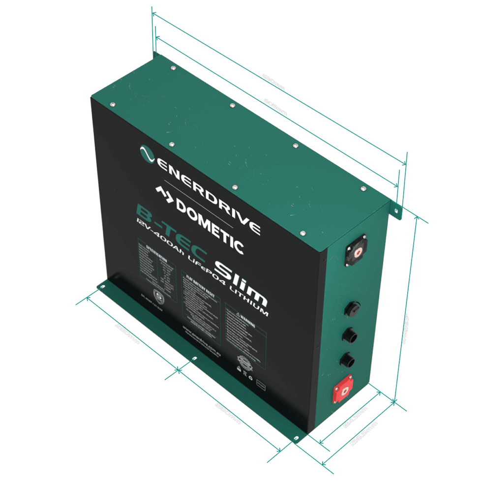 Slimline 12v 400Ah Battery Slightly Angeled to the Top Right on a transparent background