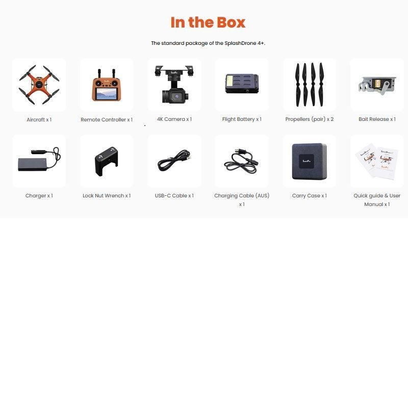 Splashdrone 4 Fishing Drone in the box of standard pack on a white background