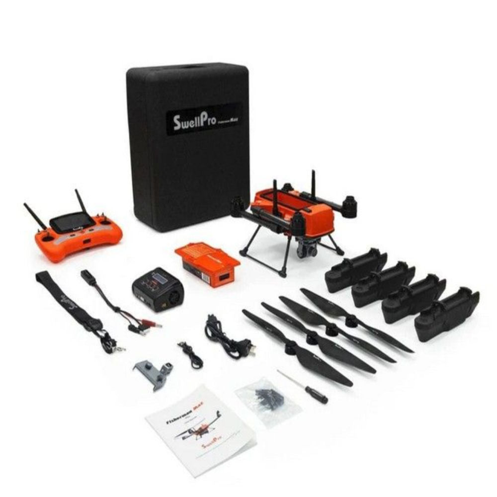 Swellpro Fisherman Max Advanced Drone Package Contents on a white background