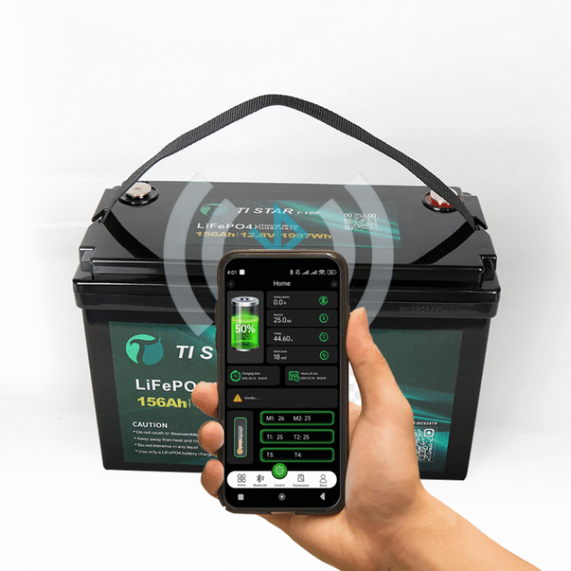 Tistar 12V 150Ah Lithium Battery on app with a hand on a white background