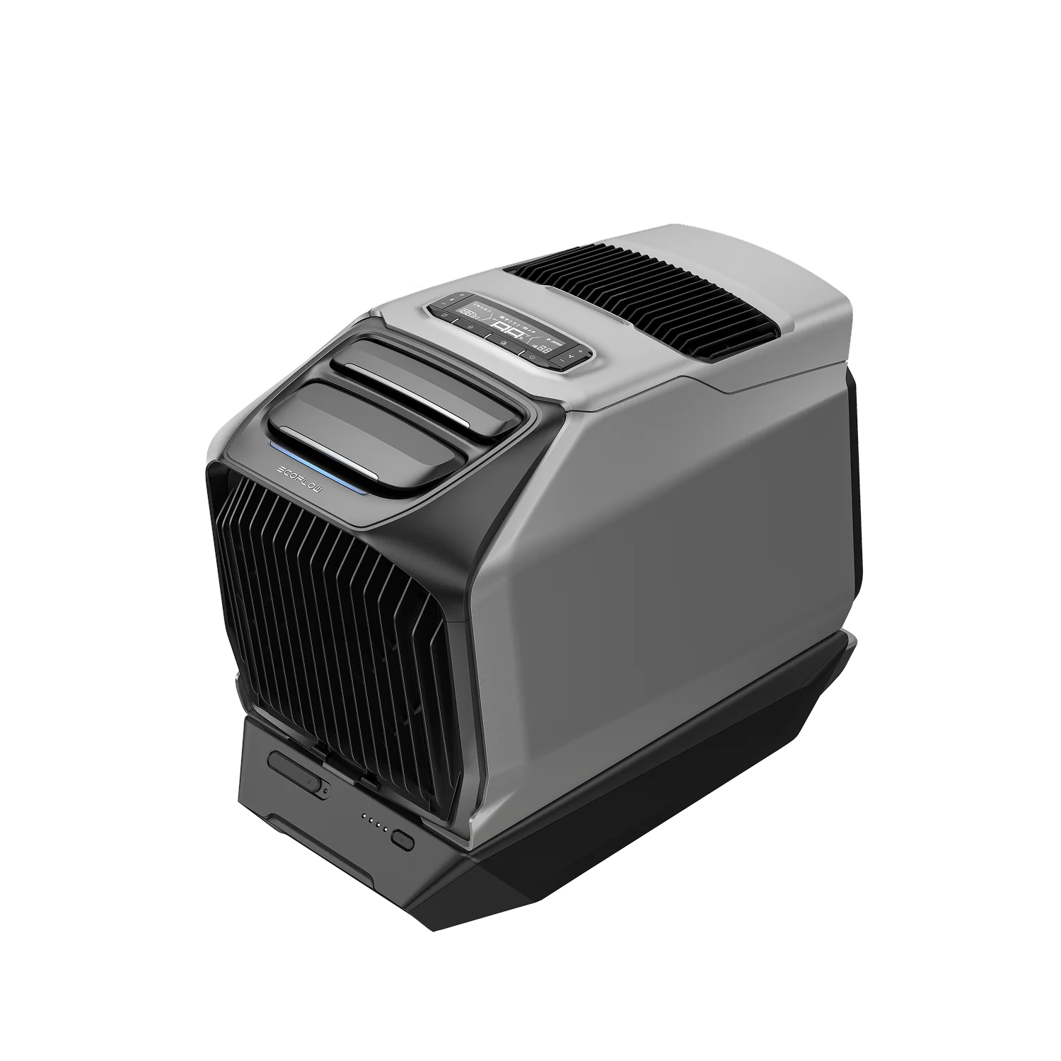 A slightly angled photo of an EcoFlow WAVE 3 portable heater cooler with additional battery pack attached on the bottom of the device.