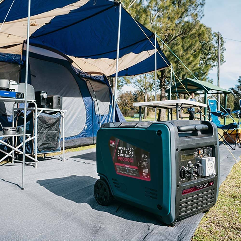 Welling & Crossley 6000W Generator outside with a tent on the background