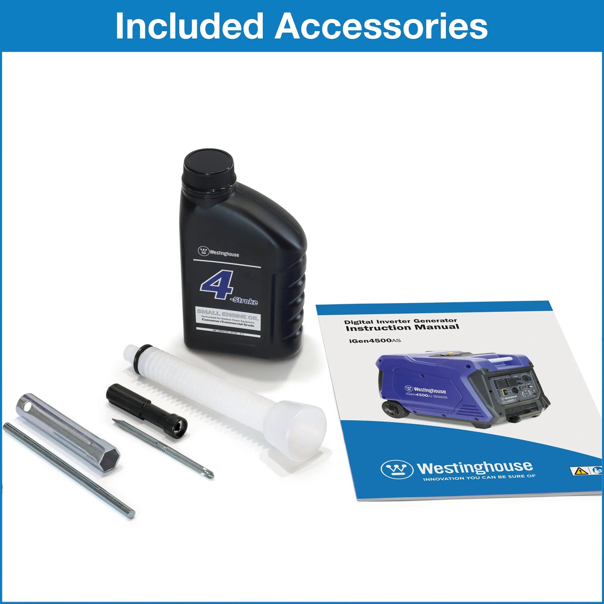 Westinghouse WP iGen 4500AS Inverter Generator included accessoriesin white background