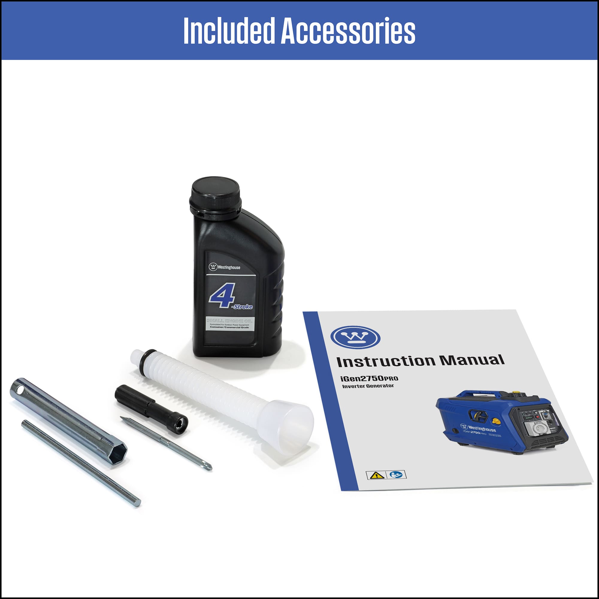 Westinghouse iGen 2750 Pro Generator included accessories in white background