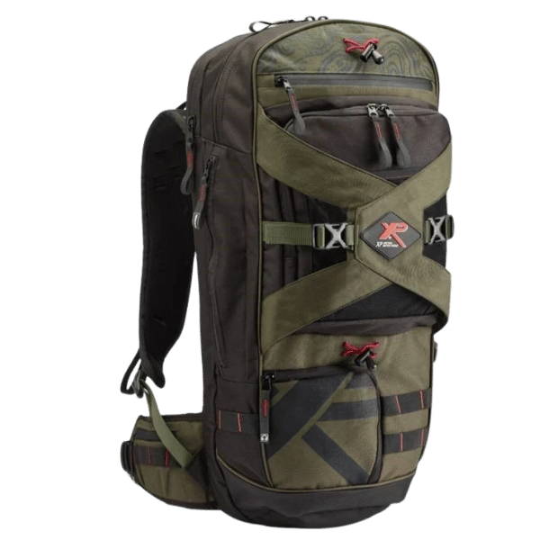 The XP 280 Backpack in Brown and olive green, Multiple zipped pockets, fitting all detecting accessories, as well as the detector.