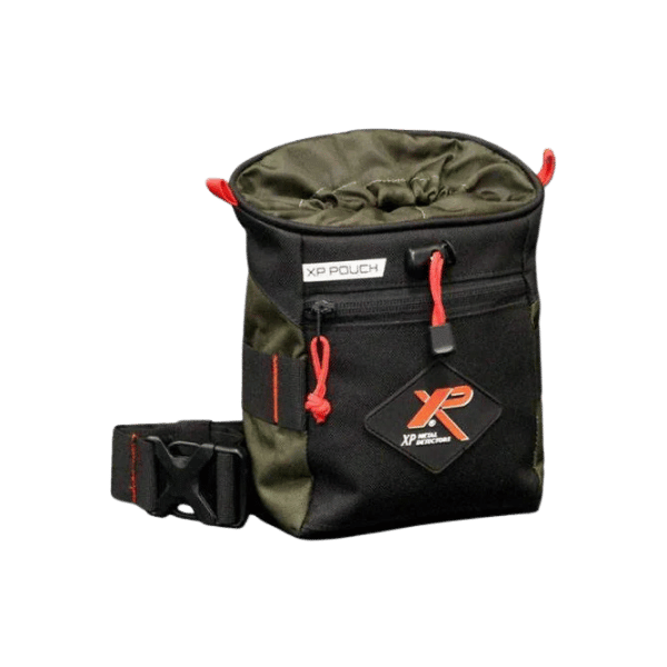 A black and olive green XP Pouch with red accents, featuring a drawstring top, front zippered pocket, and adjustable black strap with a plastic buckle.