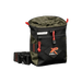 A black and olive green XP Pouch with red accents, featuring a drawstring top, front zippered pocket, and adjustable black strap with a plastic buckle.