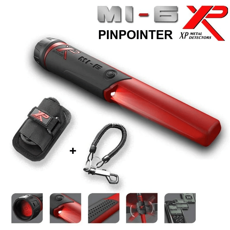 Red and black XP Metal Detector M1-6 Pinpointer flashlight shown with a black wrist strap and clip