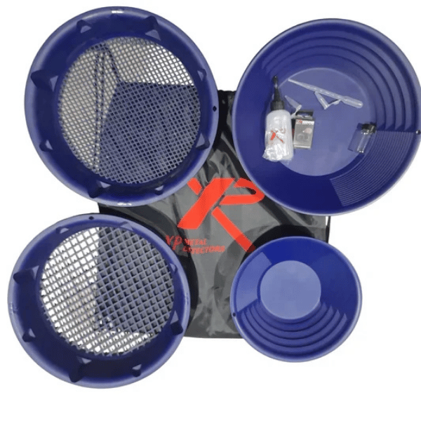 XP Gold panning kit, branded by XP in blue with black carry bag with red XP branding