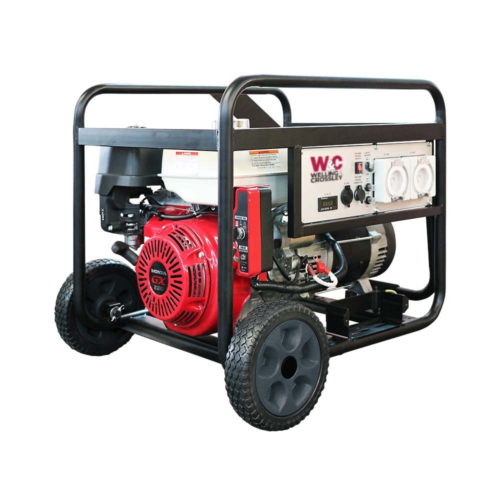 Welling and Crossley WC-P7750H 7.75 kVA AVR petrol generator with Honda GX390 engine, angled view on a white background