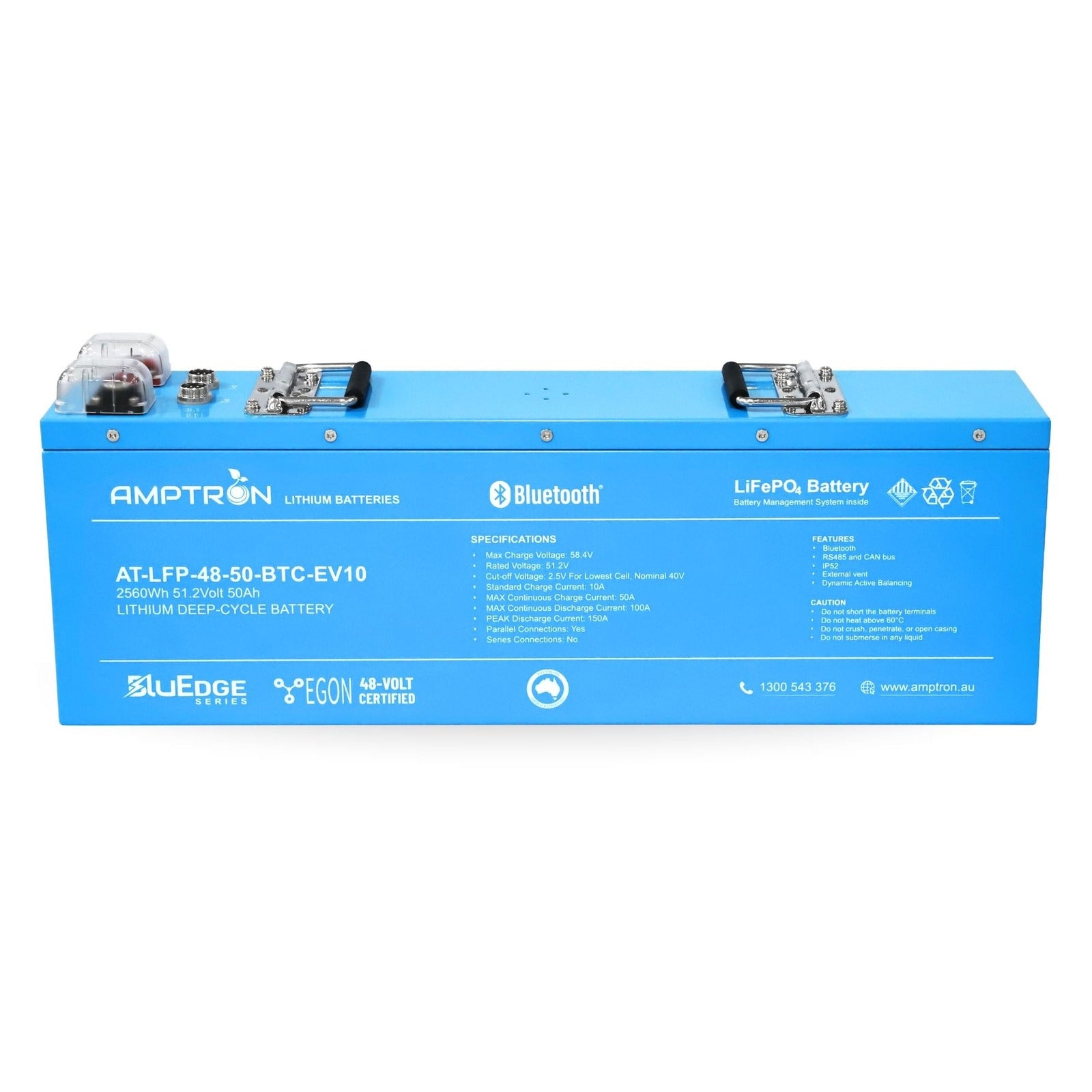 Front view of the Amptron 48V 50Ah EGON Slimline Lithium Battery showing the specification label and EGON certification