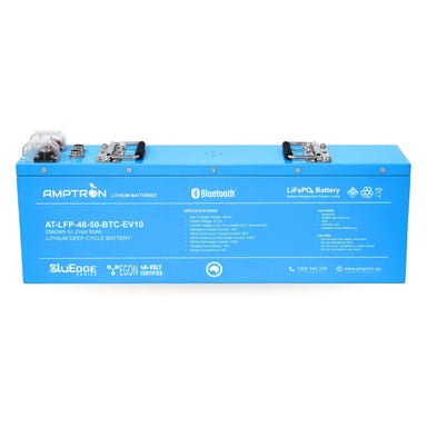 Front view of the Amptron 48V 50Ah EGON Slimline Lithium Battery showing the specification label and EGON certification