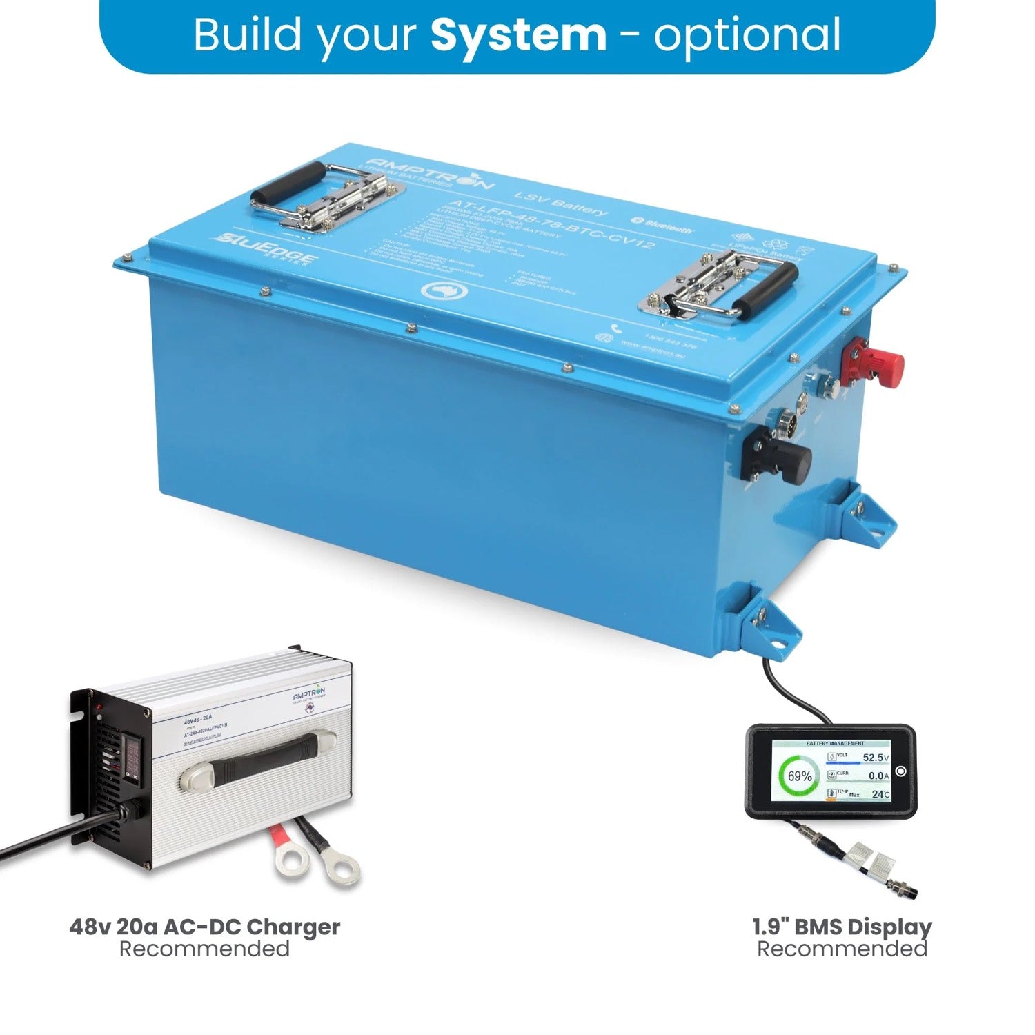 Amptron 48V 78Ah lithium battery with 48V 20A charger and BMS display options