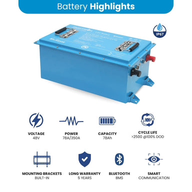 Amptron 48V 78Ah lithium battery features with Bluetooth BMS and IP67 protection